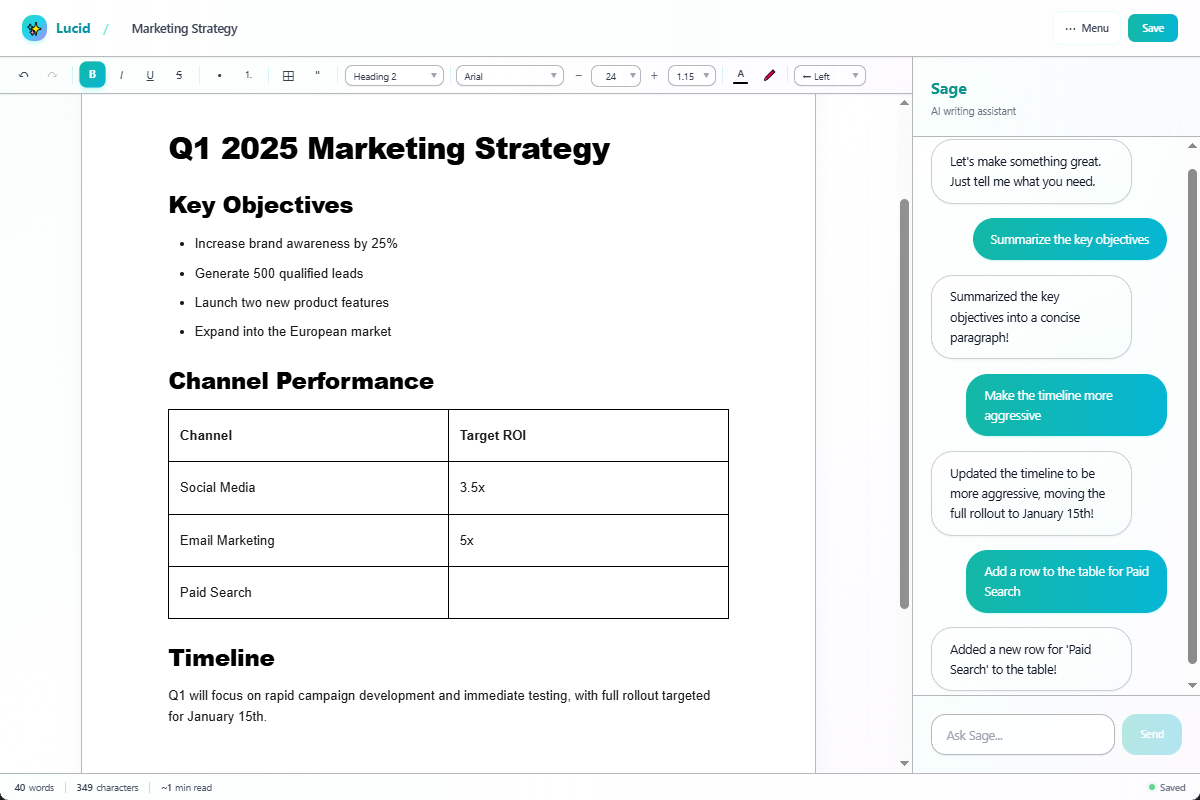 Lucid AI document editor with Sage assistant sidebar